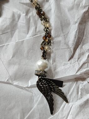 Pearl & Wing Pendant Necklace in Brown and Gold by Rock Darling